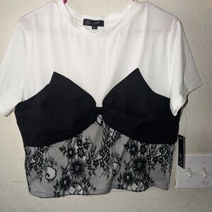 Bardot White Tee with Black Lace Bustier Overlay